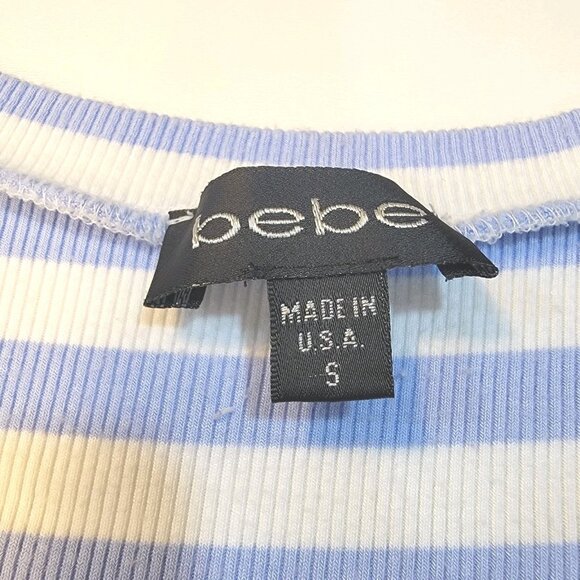 Y2K Bebe Rhinestone Tank Top Sz S Blue White Striped Stretch Knit - Picture 5 of 8